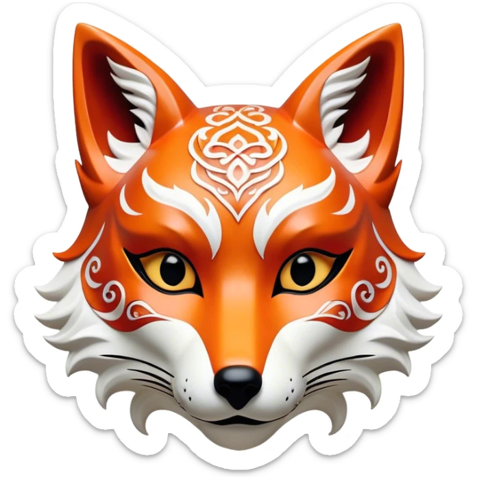 ​Cinematic Realistic Japanese Kitsune Mask, depicted as an intricately carved fox mask with flowing, delicate features and vivid traditional patterns, its mysterious eyes set against a softly blurred background that emphasizes its mystical allure and cultural significance, rendered with detailed textures and refined lighting, sticker