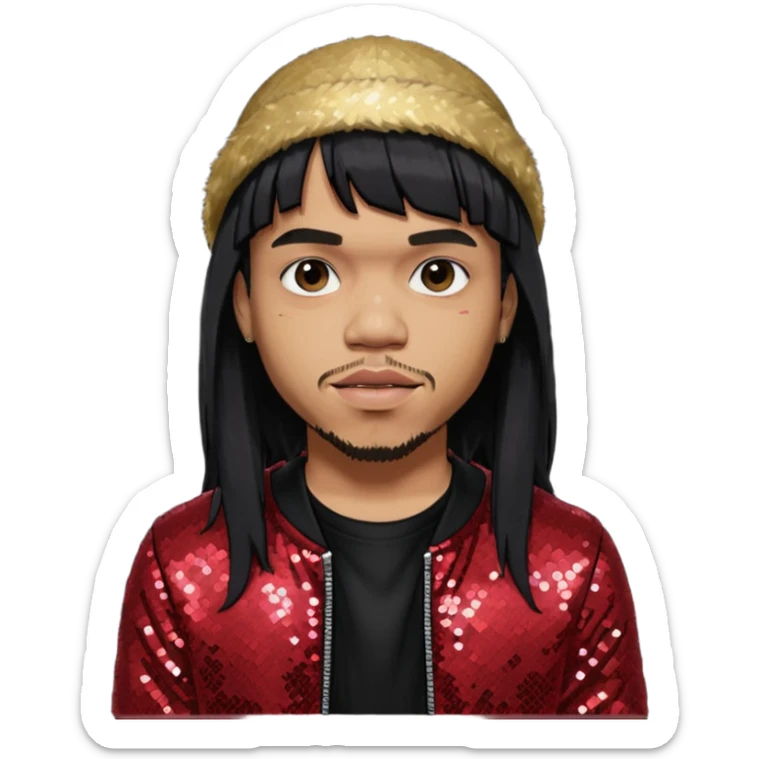 Anderson Paak with long platinum black hair with bang, dark red sequin outfit sticker