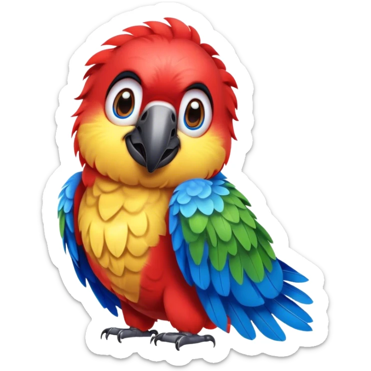 Cinematic Realistic Cute Macaw Portrait Emoji, Head tilted playfully and inquisitively, featuring a compact, lively build with intricately detailed, vivid scarlet and blue feathers and a charming, expressive face with round, sparkling eyes full of tropical wonder, rendered with realistic texture and vibrant natural hues, high shine, affectionate and spirited, styled with a touch of whimsical rainforest charm, soft glowing outline, capturing the essence of a mischievous yet lovable macaw that seems poised to flutter playfully into your arms! sticker