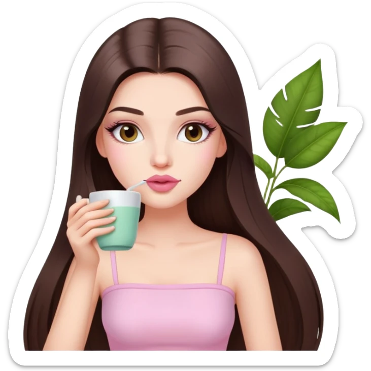 exotic pale girl, very full lips, long straight brunette hair, long lashes, pastel pink tube top, sipping tea  sticker