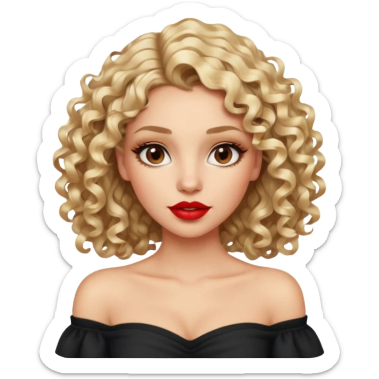 exaggerated features of woman with curly long blond hair, brown eyes, wearing an off-shoulder top,  sticker