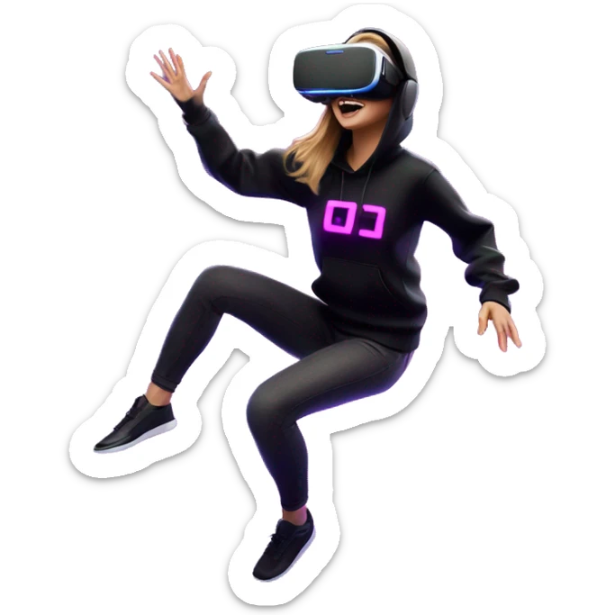 Russian girl wearing black hoody with violet letters "OMG", in vr headset oculus quest2. jumping. Cyberpunk style. Violet neon. sticker