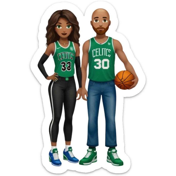 black woman and white man: 48-year-old black woman with brown eyes, long dark brown balayage hair dressed in sexy 
celtics jersey costume outfit and stilettos with bald white man with Ginger beard and blue eyes, in a Jason Tatum Boston Celtics Jersey, jeans and matching Nike sneakers  sticker