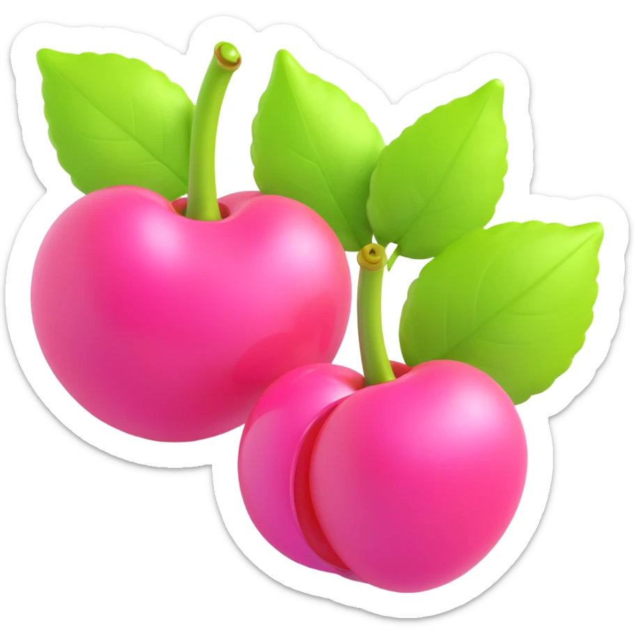 3D iOS-style illustration of two bright pink cherries with green leaves and pink flowers, extra glossy and reflective, with a soft shadow, no background. sticker