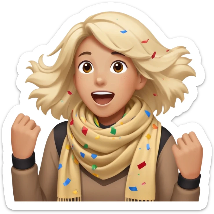 person with a sports scarf, excited expression, confetti in the air sticker