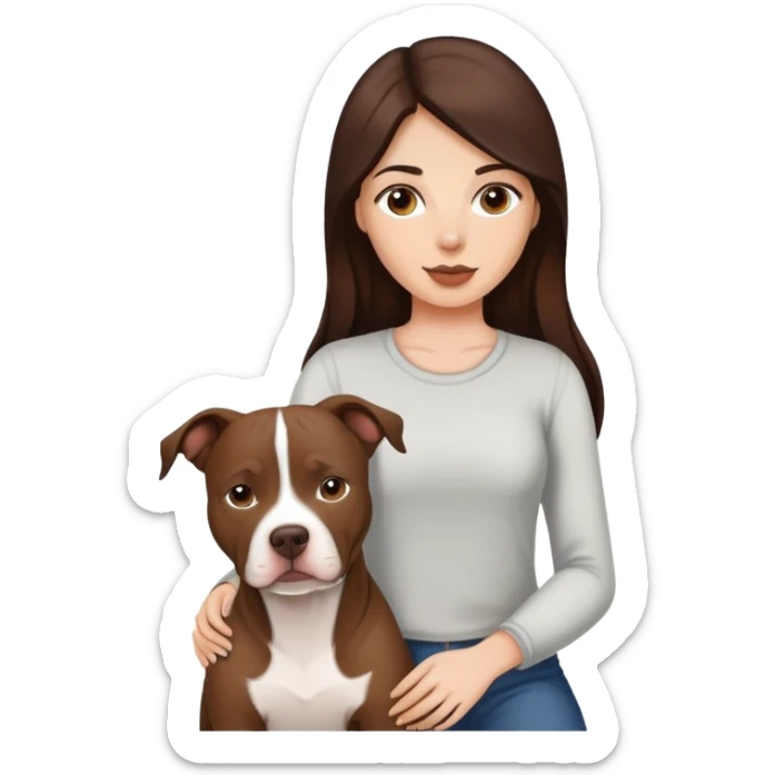 girl with dark brown long hair with her pitbull dog brown and white sticker