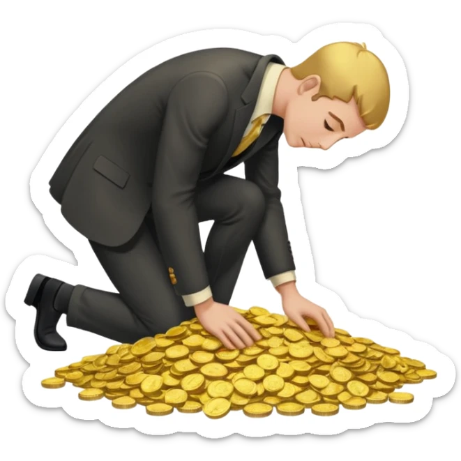 A man bows to a mountain of money
A man bows to a mountain of money sticker