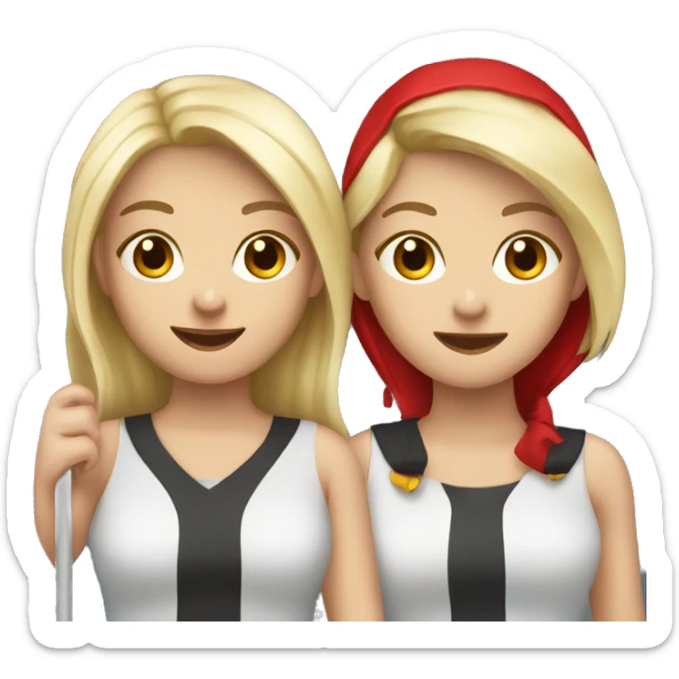 2 girls best friends one blonde and one brunette holding red flags sticker
