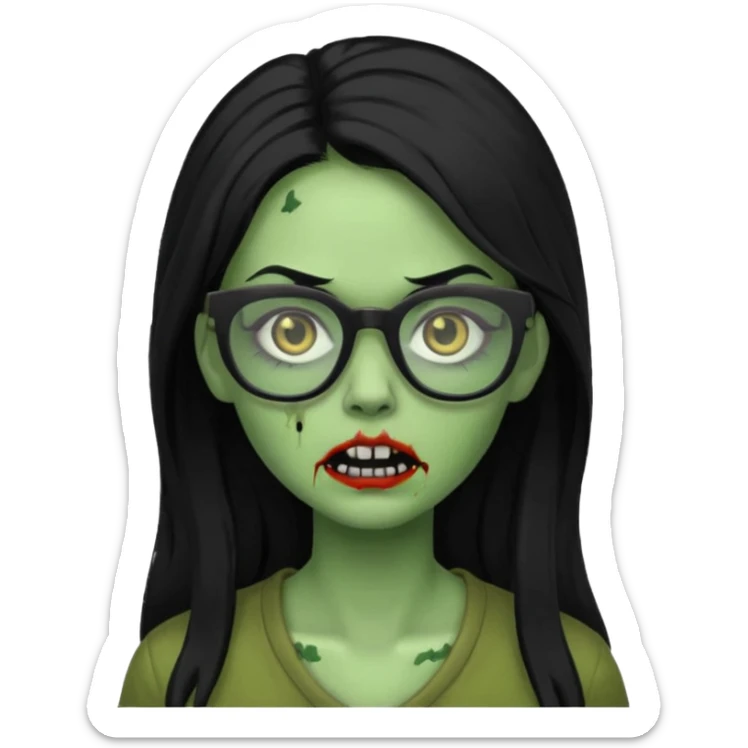 crie um emoji de zumbi feminino, com pele verde, óculos preto e cabelo longo preto sticker