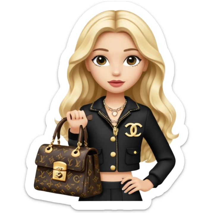 stylish girl with long wavy blonde hair, Bratz Chloe look, Chanel logo two-piece black and white, carrying a Louis Vuitton bag, emoji style sticker