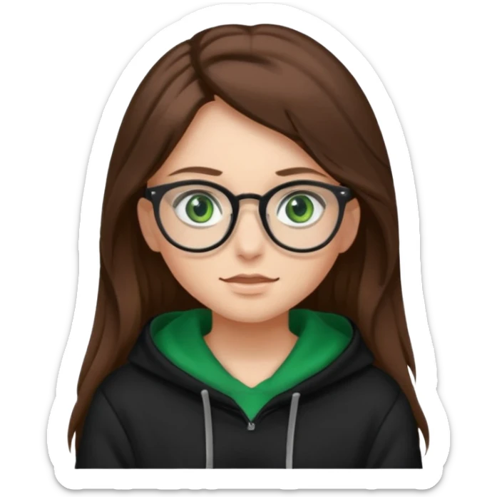 Girl with long brown hair, green eyes, glasses and a black hoodie on sticker