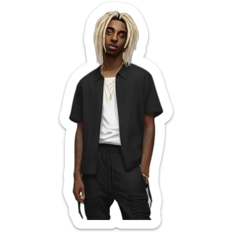 playboi carti blonde dreads with plain black shirt on with black pants and rick owens shoes on and also black durag sticker