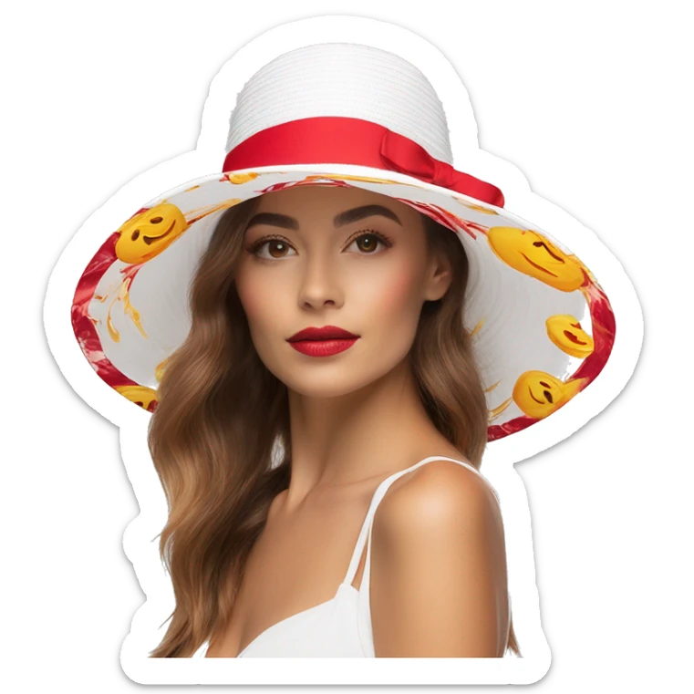 a beautiful Love themed, women's sunhat with bow in white, bright crimson red and yellow gold colors, sticker