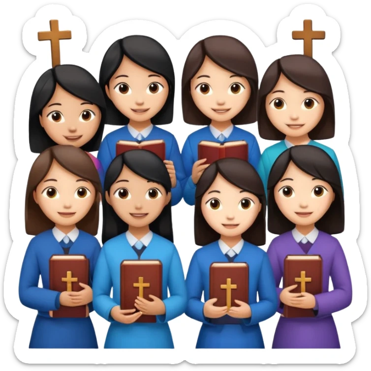 eight asian girls talking to each other holding bibles and crosses sticker