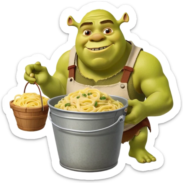 Shrek the green ogre holding a bucket full of carbonara pasta sticker