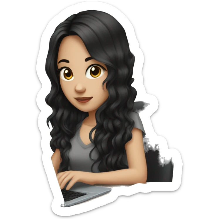 Beautiful girl,Black hair,wavy hair，long hair,Black eyes,Chinese, typing on laptop  sticker