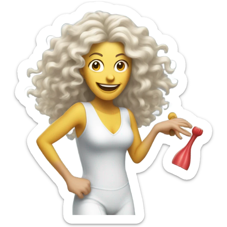 40-year-old white woman woman partying dizzyingly, with long frizzy hair and party tools  sticker