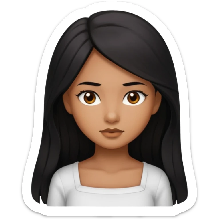 A deep skin girl (deep skin is caramel color not dark) with long black hair swept TO THE FRONT and a square neckline shirt and brown eyes sticker