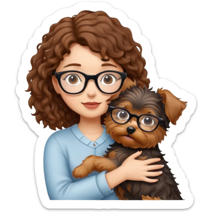 Girl with brown curly hair and glasses hugging a yorkshire terrier dog sticker