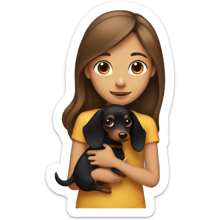 Girl with long brown hair holding long haired black and tan dachshund sticker