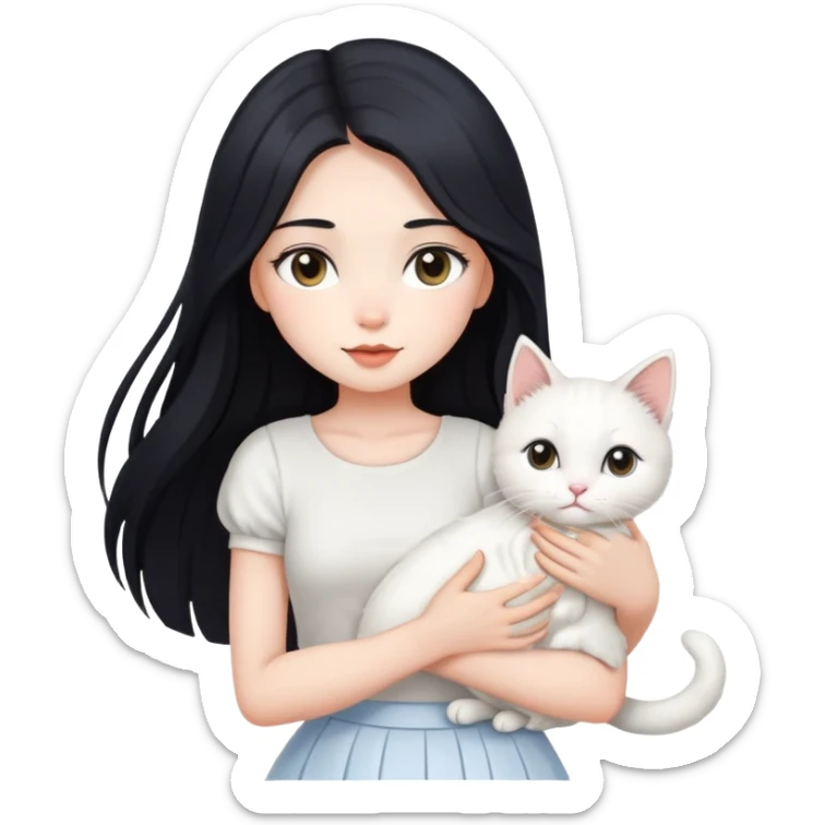 A beautiful girl with long black hair wearing a white skirt holds a cute white cat in her arms sticker