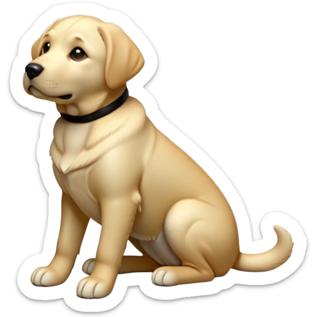 cinematic-[Labrador retriever]-realistic-full-body-sitting-emoji,-tail-resting-loosely-beside-its-paws,-head-tilted-dramatically, -sleek-[black]-fur,-simplified-yet-realistic-focused-features,-highly-detailed,-glowing-with-an-almost-sarcastic-glow sticker