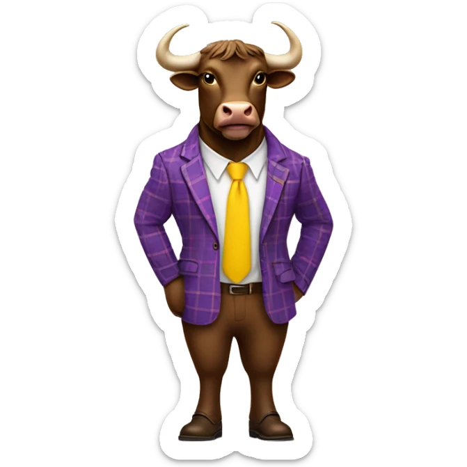 Brown bull with horns standing up wearing purple plaid suit with yellow tie wearing brown shoes sticker