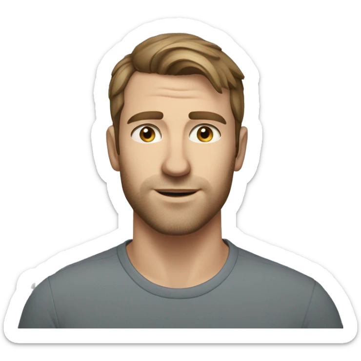 A head and shoulders shot of a 33 year old caucasian man, with short brown hair,   with blue eyes wearing a t-shirt. sticker