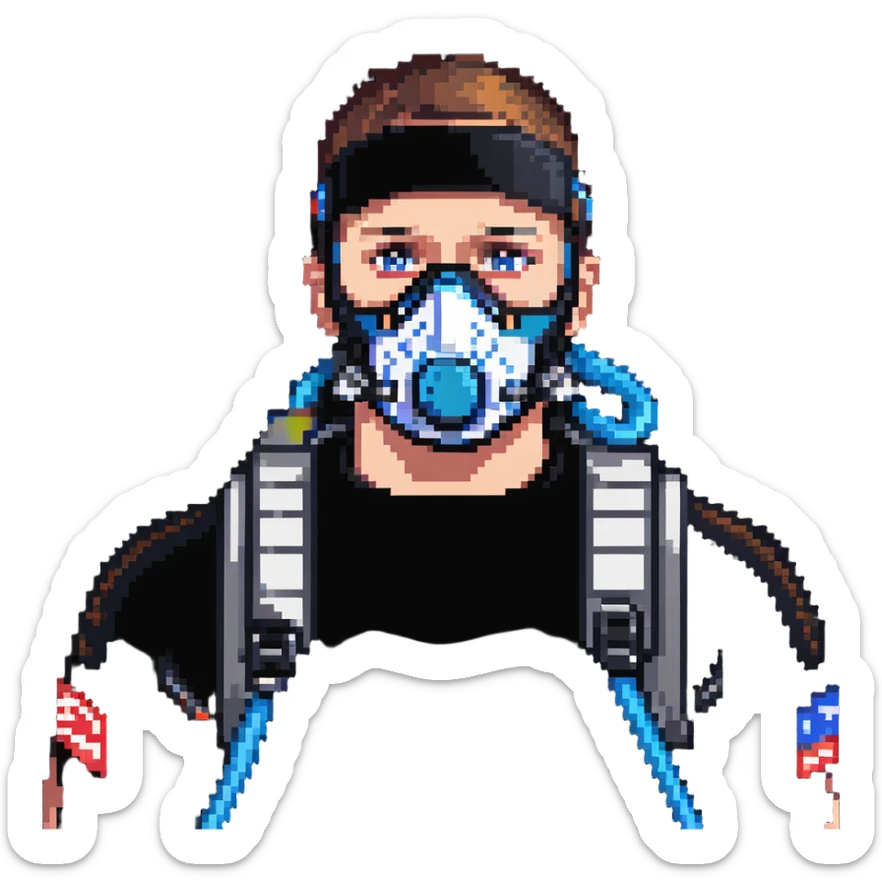 Pixelated athlete with VO2 max face mask and breathing apparatus, fitness lab testing sticker