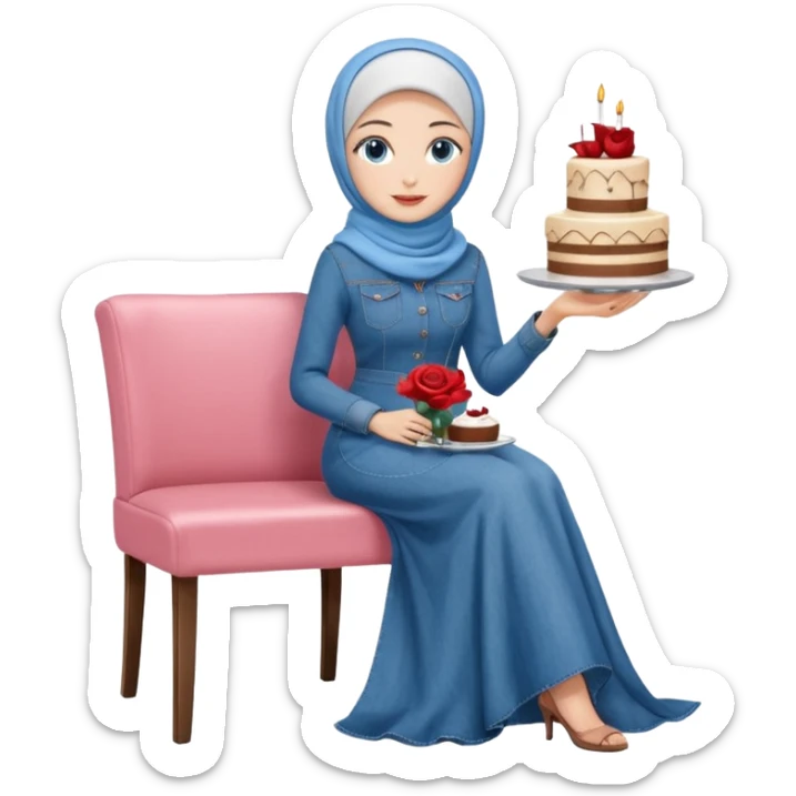 Turkish beautiful finish Konya girl blue eyes with denim hijab long tail dress and sits on the modernized coffee house on a white chair and holds rose cake with her hand  sticker