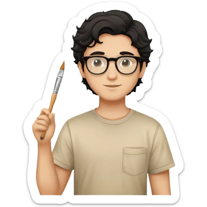 Young caucasian man with black wavy hair, round glasses, beige painting shirt, holding a square paintbrush sticker