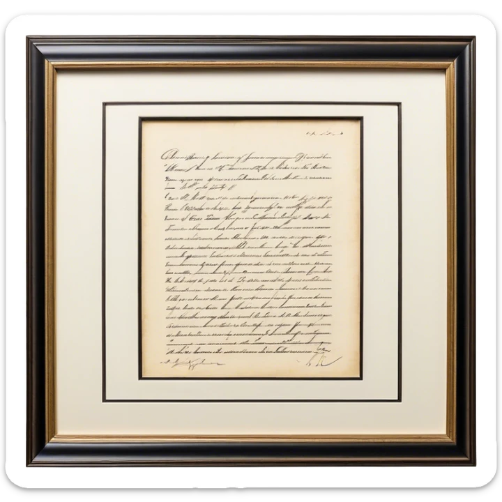 Icon for Autograph Collecting: a signed piece of paper or book page with a famous signature, surrounded by a collection of several framed autographs. Transparent background. sticker
