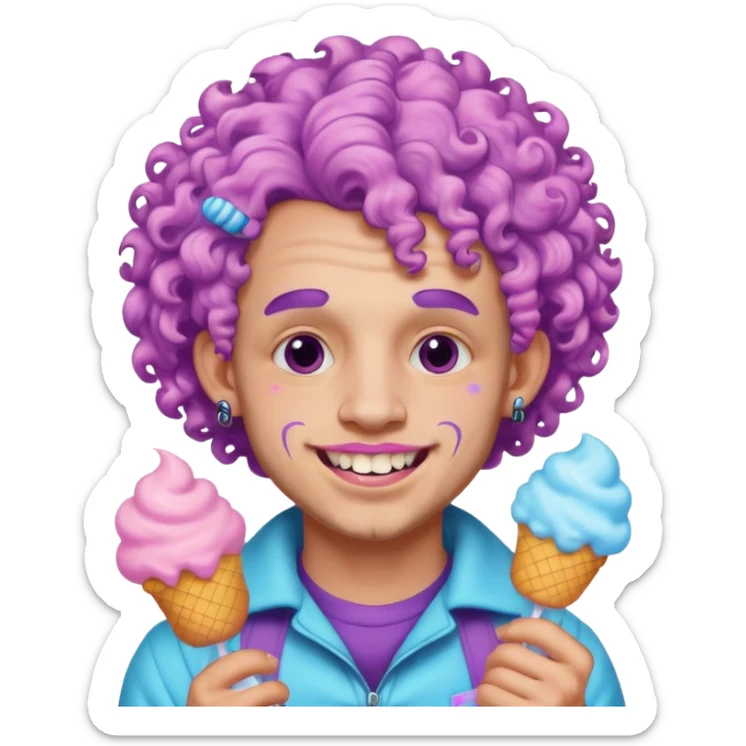 very cheerful colorful puffy violet curly haired man made out of cotton candy wearing teeth-braces and tattoos and face tattoos just face  sticker