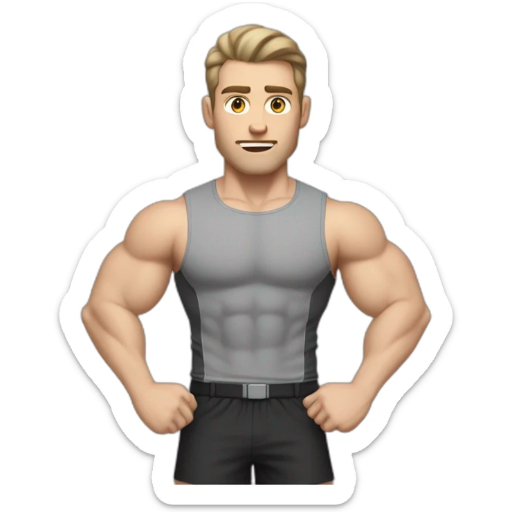 Confused Pale skinned Fit Man With the biceps and dark brown hair in black shirt, gray sports shorts and white Sneakers sticker