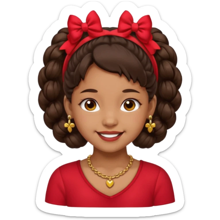 Brownskin girl dark brown hair fluffy. pigtails with red bows brown eyes smiling closed mouth red shirt gold esrrings gold necklace sticker