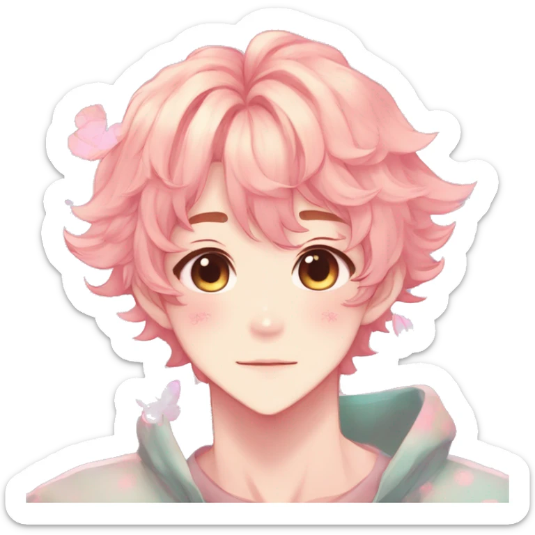 Gorgeous colorful pastel anime style shojo man with blushing face and butterflies aesthetic and pretty hair trending style sticker