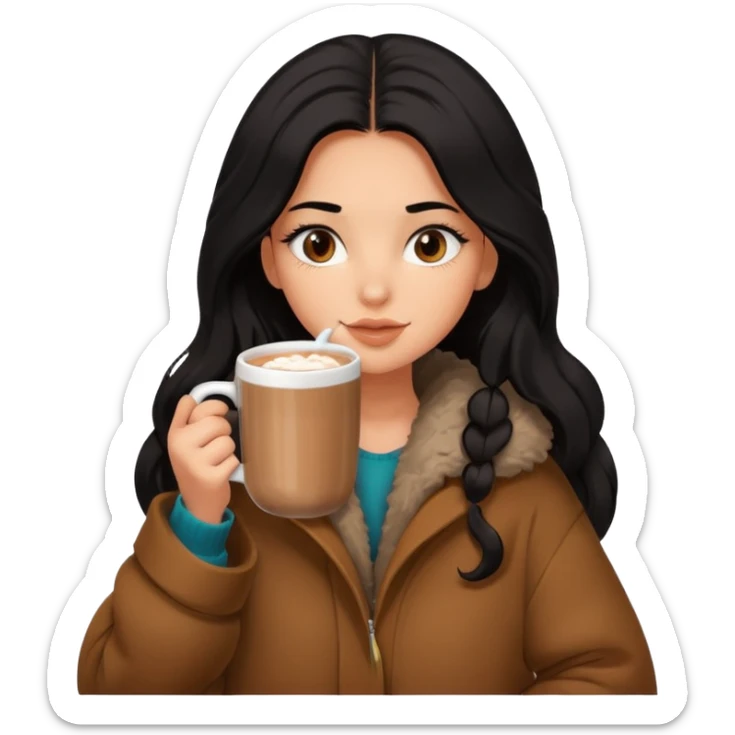 anned Girl with lashes , bright black long hair, in an extremely big fluffy brown oversized jacket, and drinking hot chocolate drink sticker