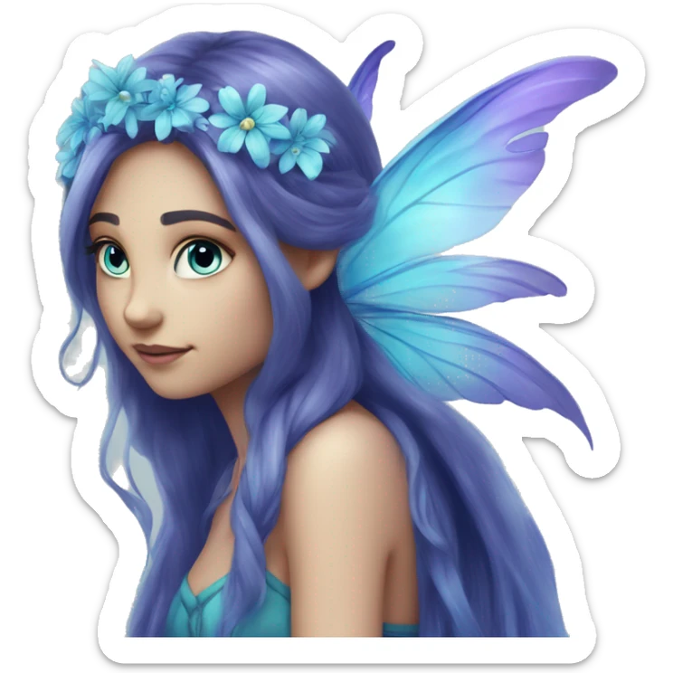 Beautiful,blue flower, fairy, blue, turqoise, silver, purple, long hair, big wings sticker