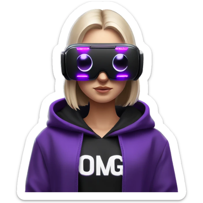 Russian girl wearing black hoody with violet letters "OMG", in vr headset oculus quest2. Standing like jedi. Cyberpunk style. Violet neon. sticker
