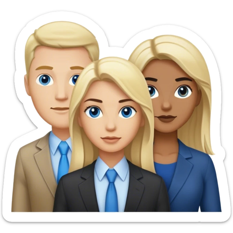 three people, one white man with dark hair and light skin and dark eyes, one man with dark hair, tan skin and dark eyes and one woman with blonde hair and blue eyes all three in business clothing sticker