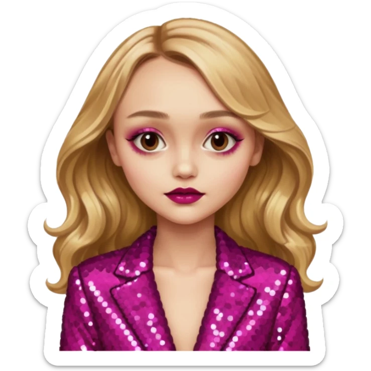 Lily-Rose Depp with long golden blonde hair, dark pink sequin outfit, makeup sticker