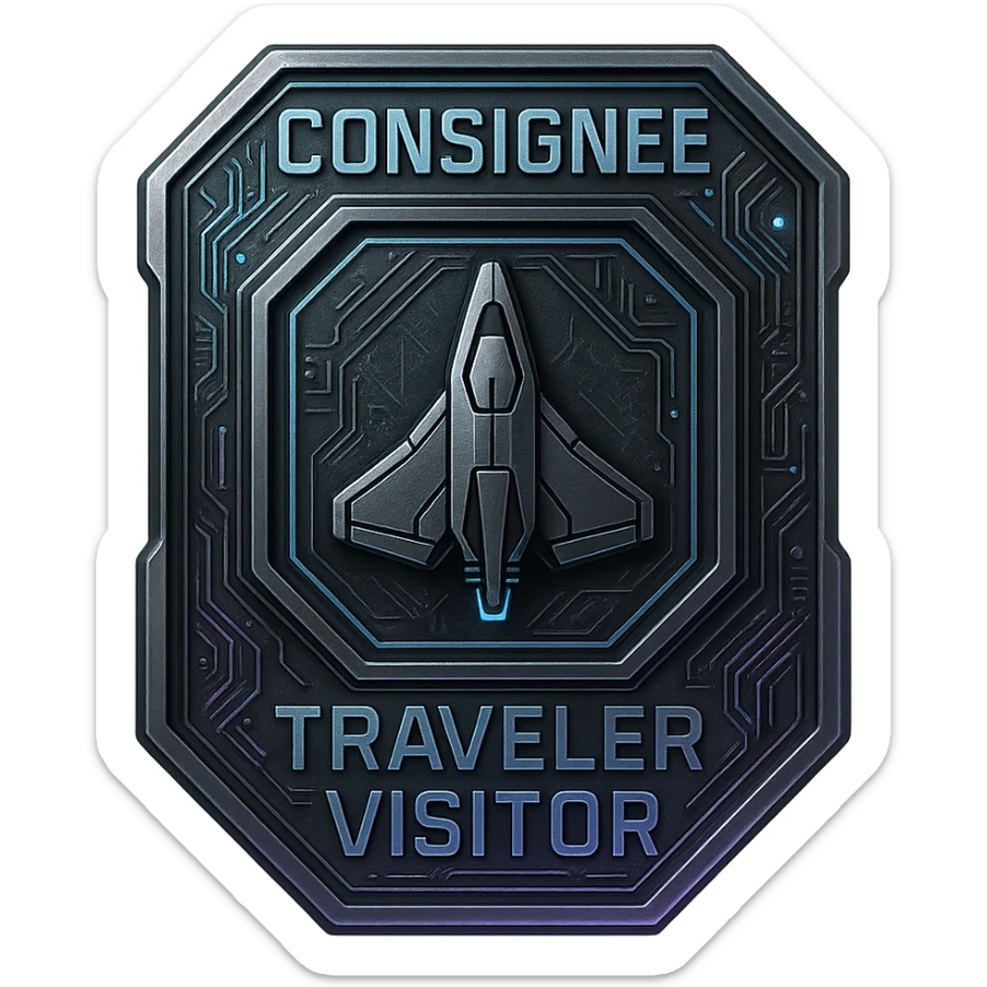 a metal insignia badge for a consignee traveler visitor, space scifi-futuristic cyberpunk futurepunk sticker