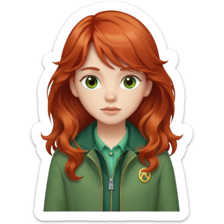 White red-haired girl with wavy long hair, brown eyes, and bangs and a green jacket sticker