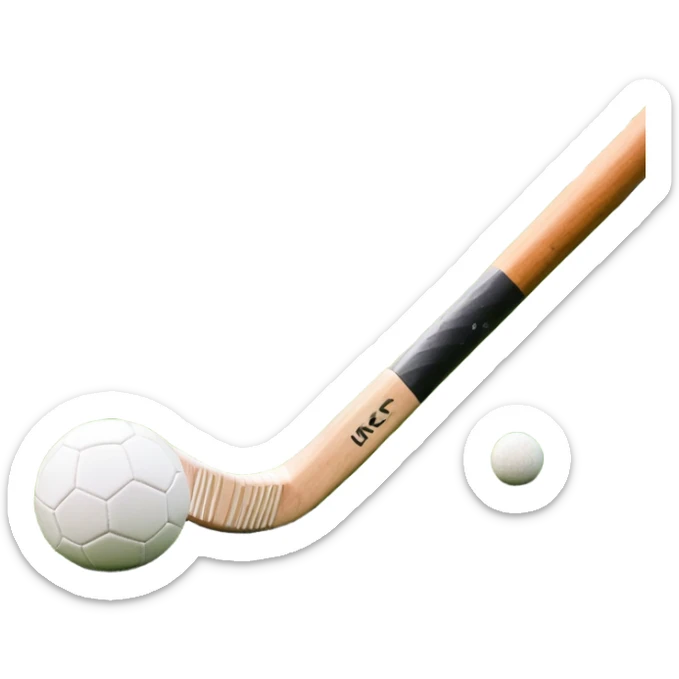 A field hockey stick and ball resting on a well-maintained green grass field, with the goalposts and markings visible in the background. The scene highlights the precision and focus of the grass facture, with the vibrant green pitch creating a dynamic atmosphere. sticker
