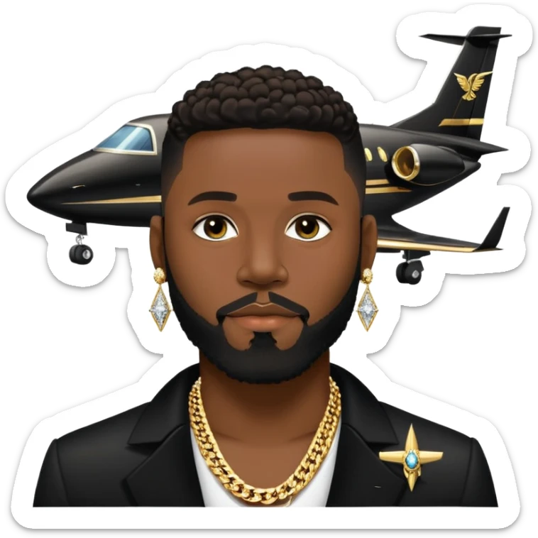 portrait of a Josh king Madrid in black with a gold private plane behind him . Wearing big sparkly diamond earrings and diamond chains on with a cigar in his mouth. Light black clean perfect lined up thin-beard . Looks unfazed cool sticker