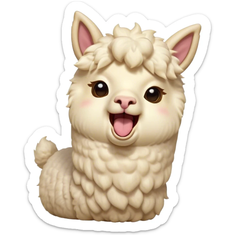 Cinematic Cute Yawning Cream Alpaca Portrait Emoji, Head tilted slightly with a dramatic, wide-open yawn, showcasing a soft, fluffy cream fleece with subtly drooping ears, round gentle eyes barely open in drowsy contentment, Simplified yet irresistibly adorable features, highly detailed, glowing with a soft, cozy glow, high shine, relaxed yet expressive, stylized with a touch of whimsy, bright and endearing, soft glowing outline, capturing the essence of a sleepy yet affectionate alpaca, so drowsy it feels like it could stretch out of the screen and curl up for a nap! sticker