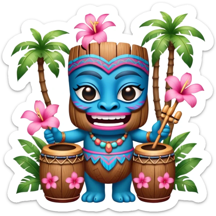 Pixar style little Blue and pink tiki singing with bongos and tropical flowers, ultra detailed and lifelike imagery, realistic sticker