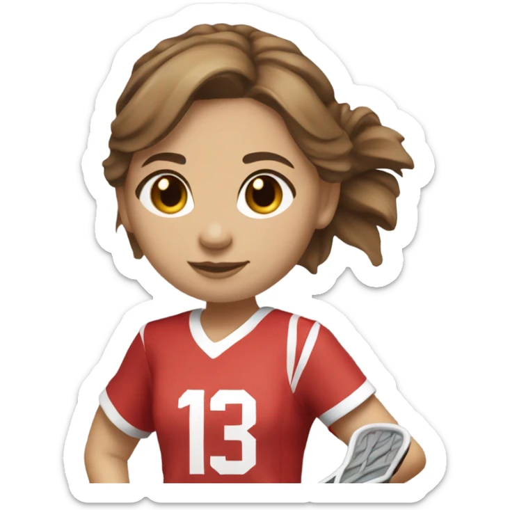 Lacrosse player girl with lacrosse stick brown hair light skin red number 13 jersey  sticker