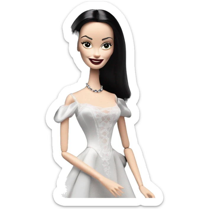 Morticia Addams Barbie at home. Smiling. Filmy nightgown . Very Pale-white porcelain skin.  sticker