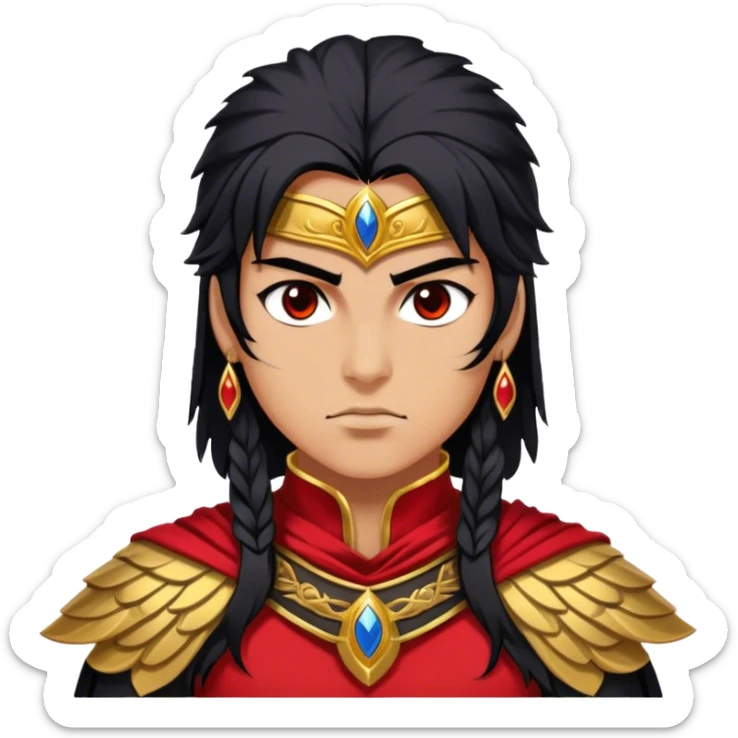 Cinematic Stunning Mulan Portrait Emoji, Fierce yet graceful, flowing raven-black hair, piercing brown eyes filled with determination, adorned in regal red and gold warrior attire, glowing with the strength and beauty of a true heroine, an elegant warrior in her prime! sticker